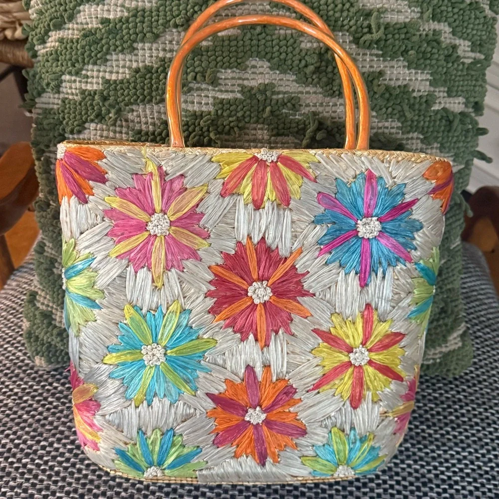 Colorful vintage Floral Straw Tote Bag with Orange Handles